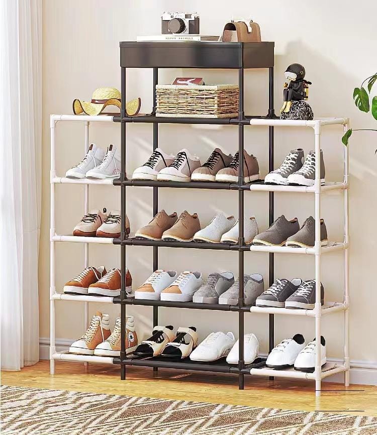 Five-tier shoe rack in black and white for organized footwear storage