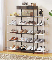 Five-tier shoe rack in black and white for organized footwear storage