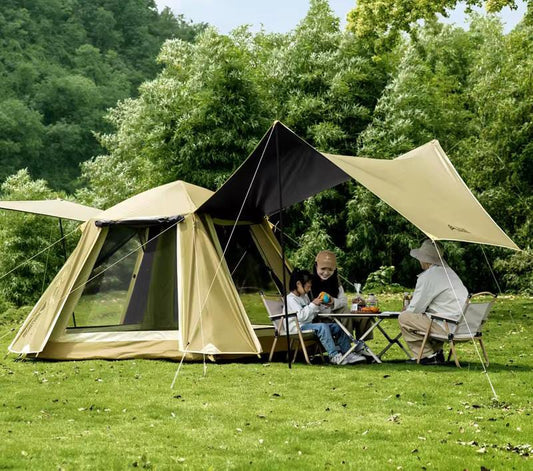 2-in-1 camping tent with outdoor tarp for 3–4 people, size 200×200 cm, suitable for camping and outdoor activities.