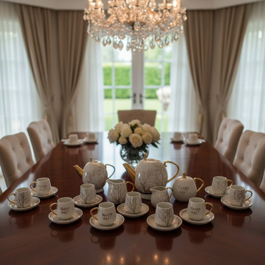 28pcs Tree Tea Set With Palm Tree Design And Gold Touch