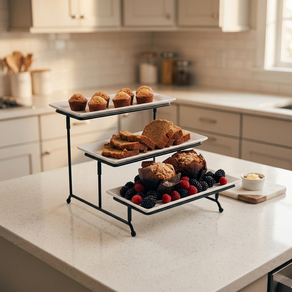 Tier Serving Tray Set with White Stoneware Platters