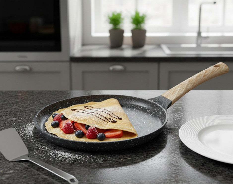 28 cm granite chapati pan in black and grey suitable for gas and induction cookers