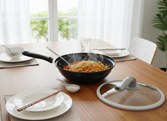 32cm non-stick wok pan with pressure release feature.
