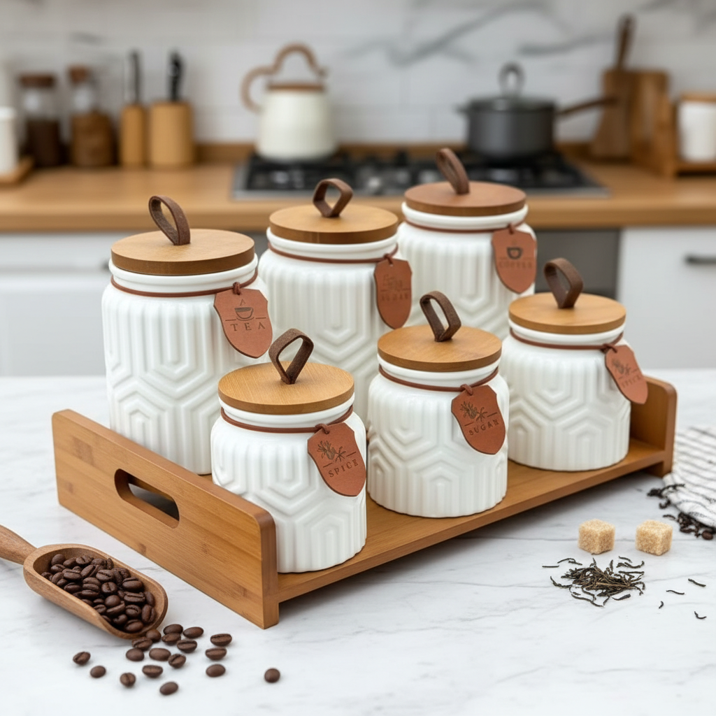 7 Piece Ceramic Storage Jar Set with Wooden Stand