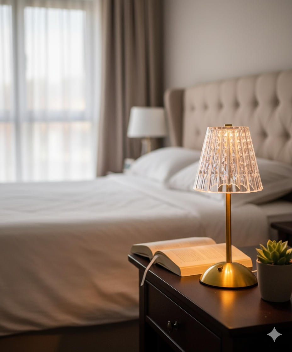 Rechargeable diamond crystal bedside lamp with warm and white light modes