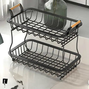 2 Tier Nordic metallic fruit basket with banana holder and wooden handles for modern kitchen storage
