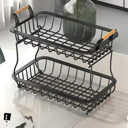 2 Tier Nordic metallic fruit basket with banana holder and wooden handles for modern kitchen storage
