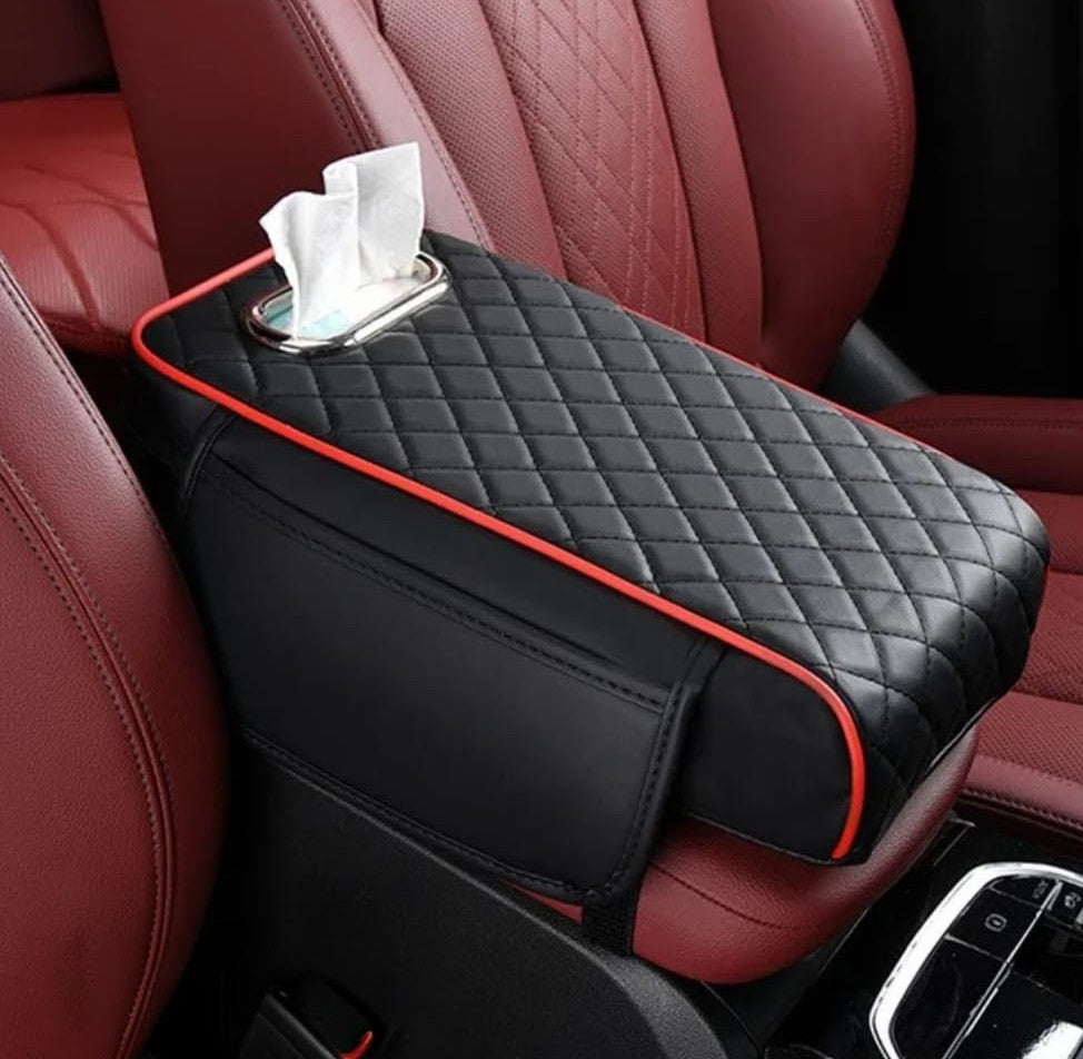 2-in-1 car armrest with tissue storage and cushion support, available in Black, Beige, Wine Red, and Coffe