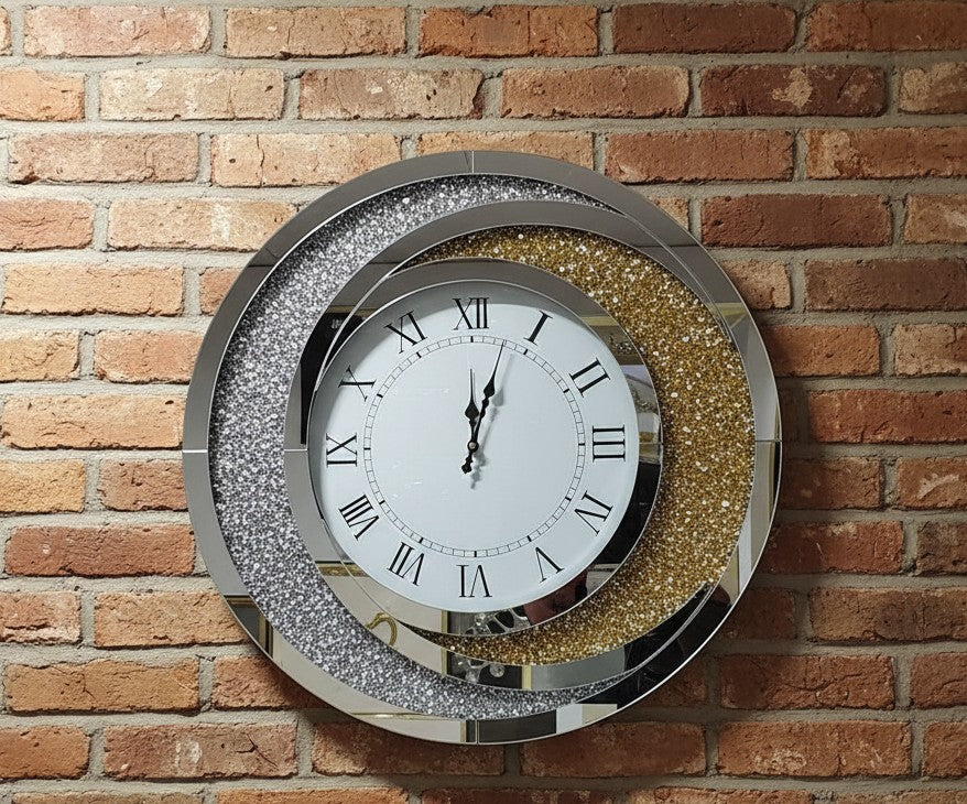 60cm crystal sparkle wall clock with crushed gold and silver diamond glass design