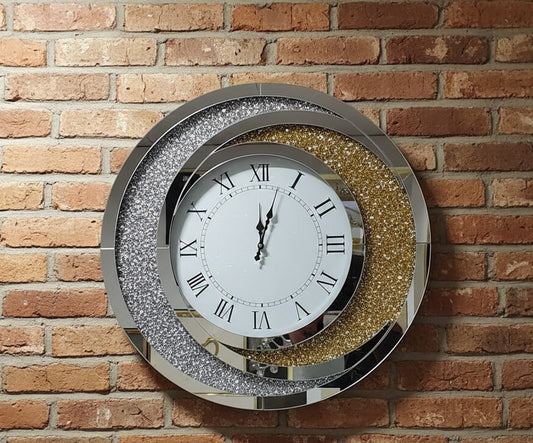 60cm crystal sparkle wall clock with crushed gold and silver diamond glass design