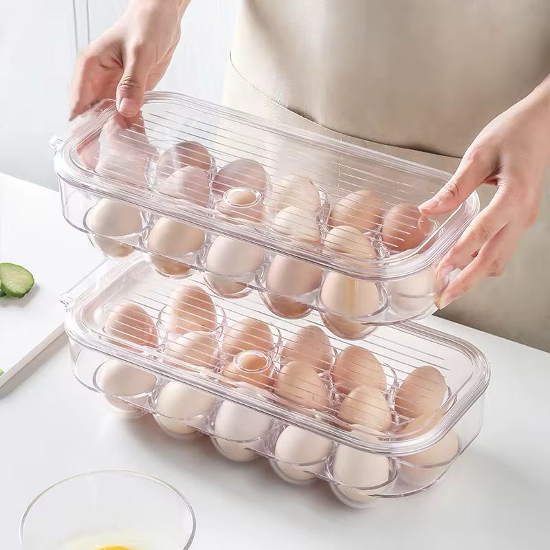 Acrylic 16-grid egg holder with handle and lid.