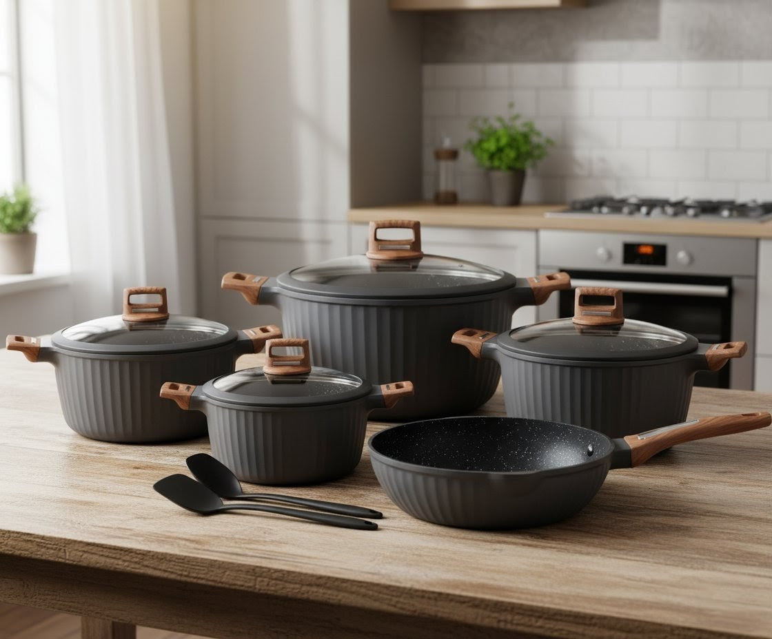 12pc Granite Cookware Set With Wood Grain Handles 