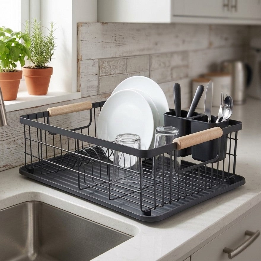 Black carbon steel single dish rack with cutlery holder, scratch and rust resistant kitchen organizer. 🍽️✨