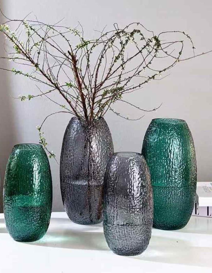 Oval glass flower vase in green and grey, available in 25cm and 30cm sizes