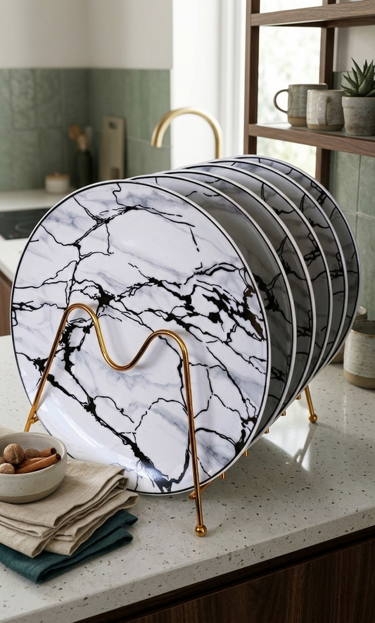 Set of six marble ceramic plates for dining