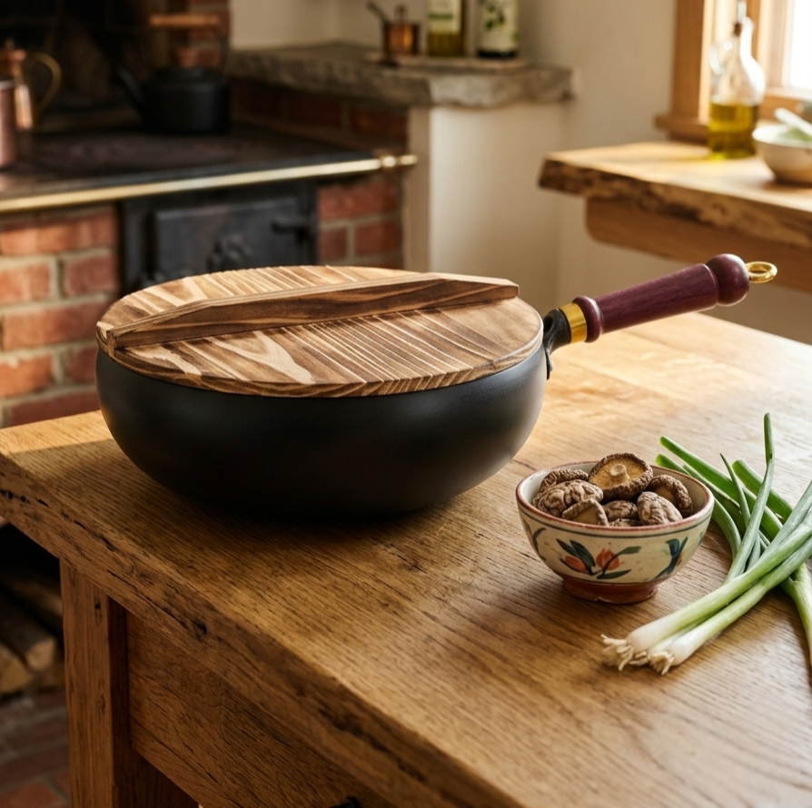 Non stick wok pan with bamboo lid, scratch resistant cooking pan for kitchen use