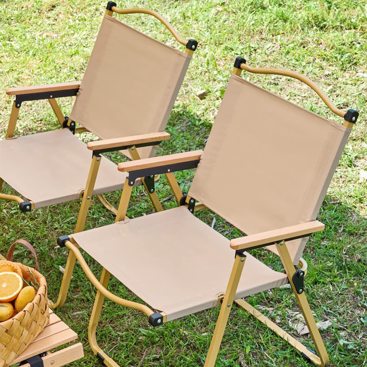 Portable Folding Camping Chair with Wooden Armrests