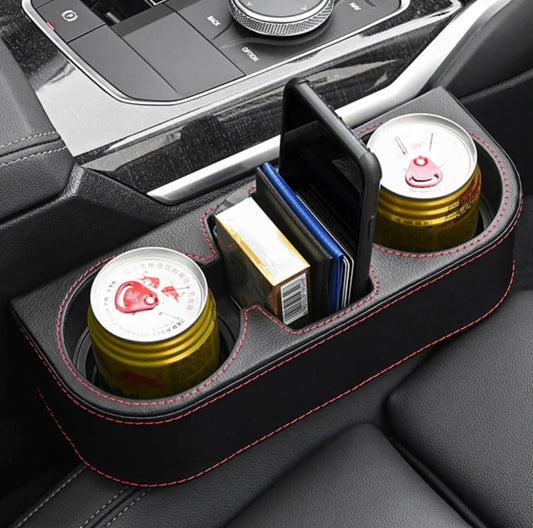 Gemelli Collections car cup holder with phone holder, double side holders, and premium leather cover