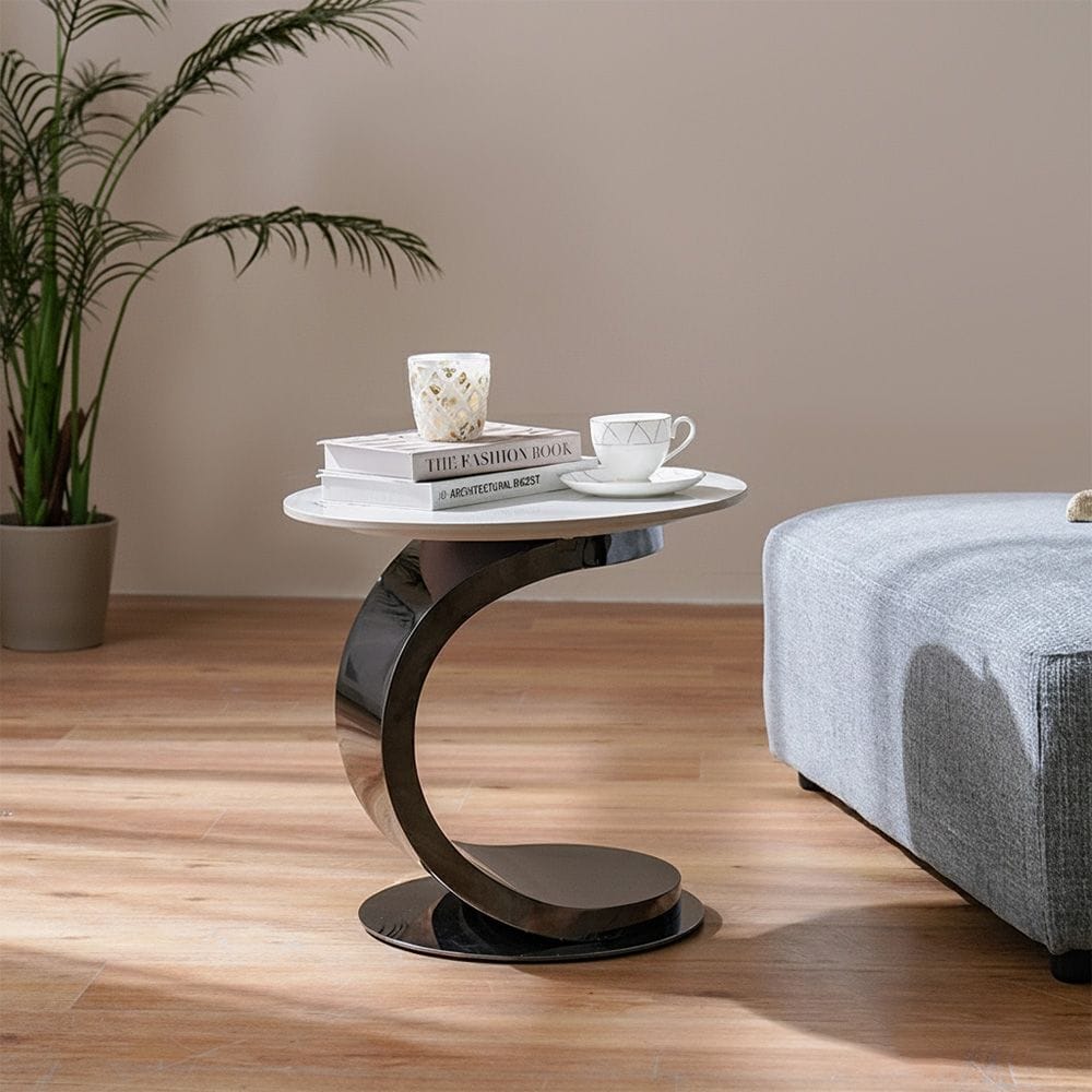 Pure marble top mini side table with sleek metallic stand designed for modern luxury interior décor use 