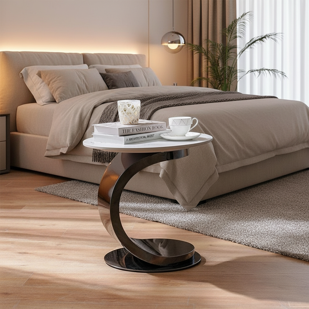 Marble Top Mini Side Table with Sleek Metallic Stand