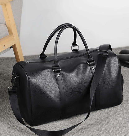 Retro PU leather travel bag with large capacity and shoe compartment in black and brown