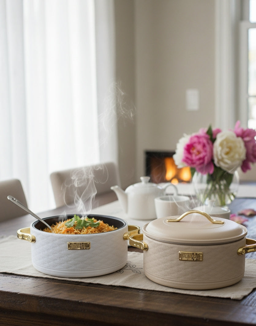 Four-piece insulated hot pot set in white, cream, and brown.