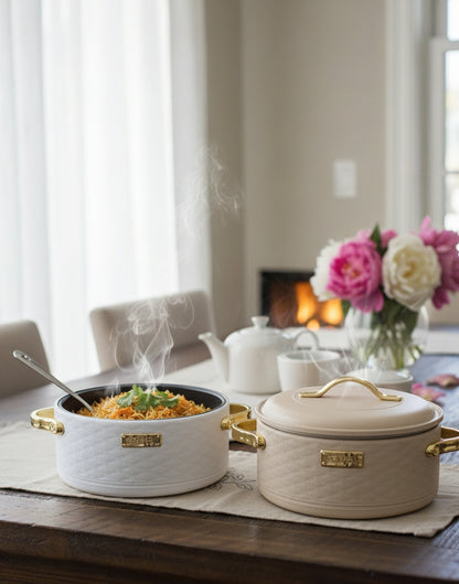 Four-piece insulated hot pot set in white, cream, and brown.