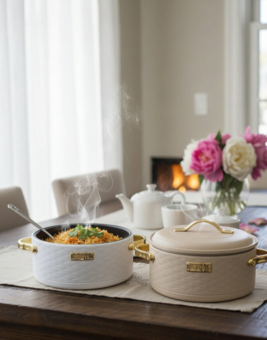 Four-piece insulated hot pot set in white, cream, and brown.