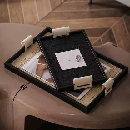 Faux leather and wood vanity tray for organizing perfumes cosmetics and decorative accessories