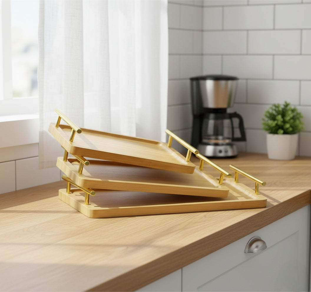 3 in 1 bamboo serving tray with black and gold handles