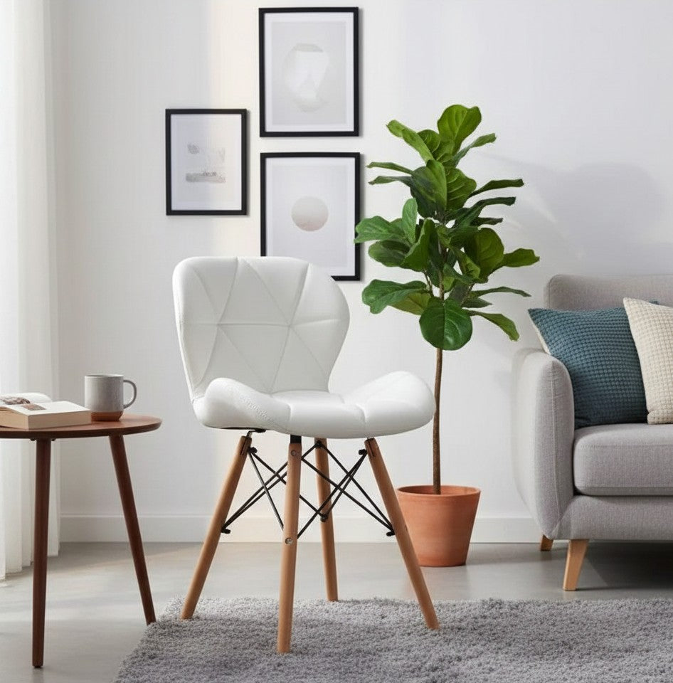 White leather padded Nordic butterfly dining chair with solid wood legs
