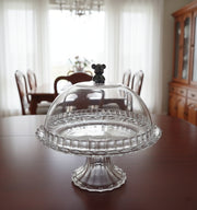 Glass base fruit and snack plate with clear acrylic food cover, 19 cm diameter.