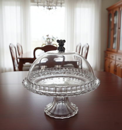 Glass base fruit and snack plate with clear acrylic food cover, 19 cm diameter.