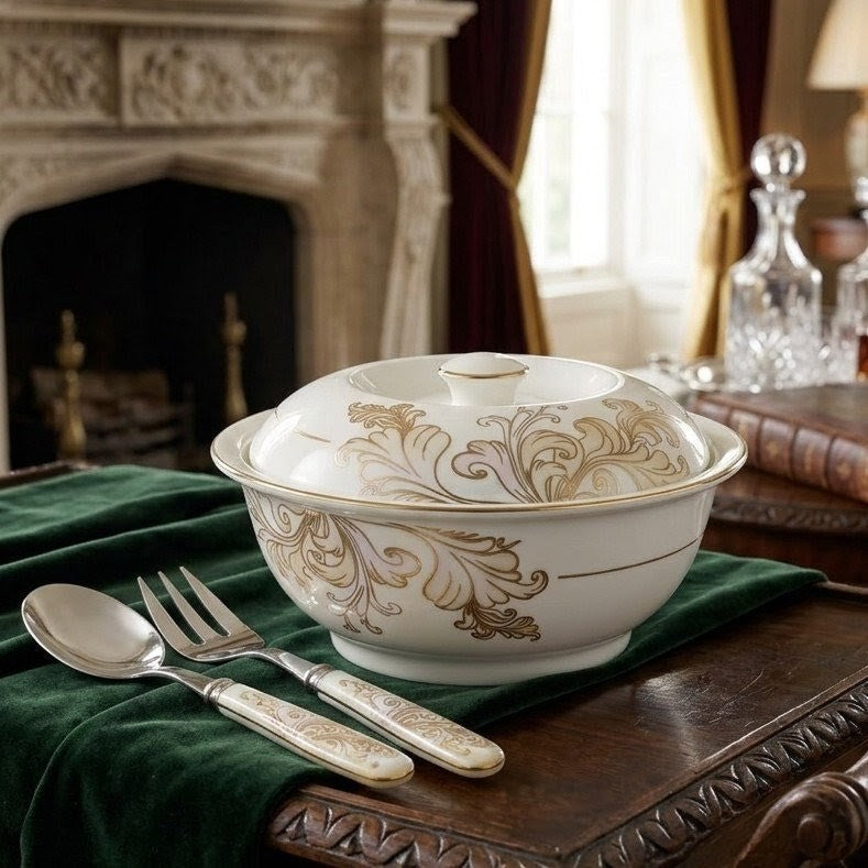 Bone China Grey Flower Serving Bowl 9 Inch