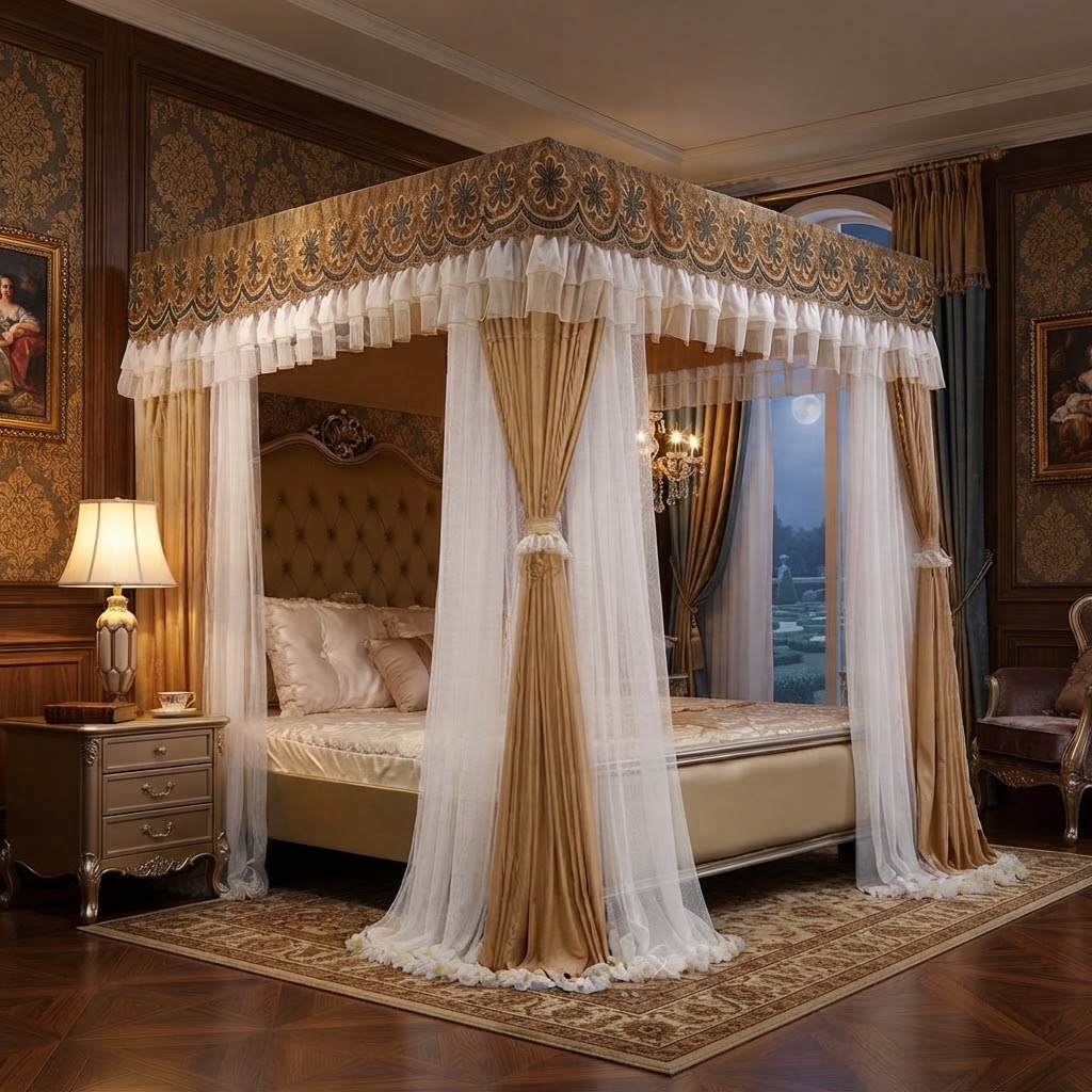 Canopy 4 Stand Bed with Decorative Bed Curtain 6 × 6 ft