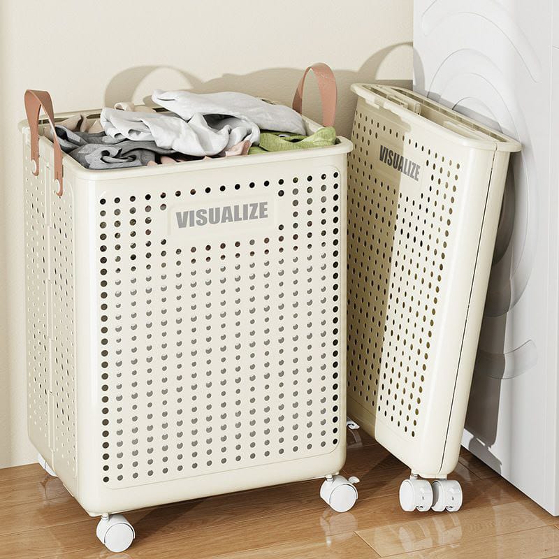 Foldable polypropylene hamper basket with wheels for laundry and storage