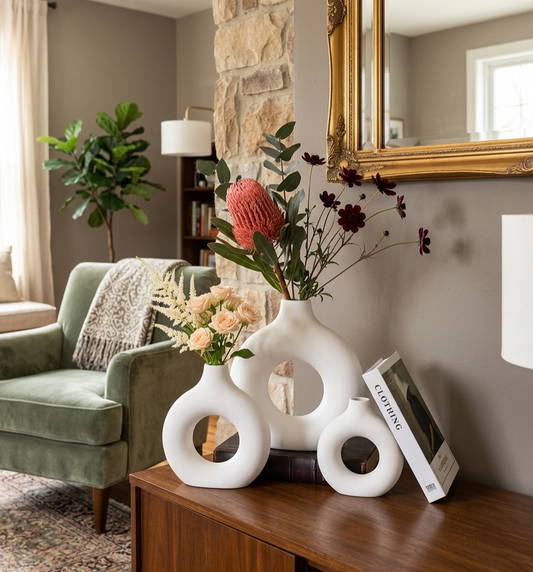 3 Piece minimalist table top vase set made of hard plastic for modern home and living room décor centrepiece