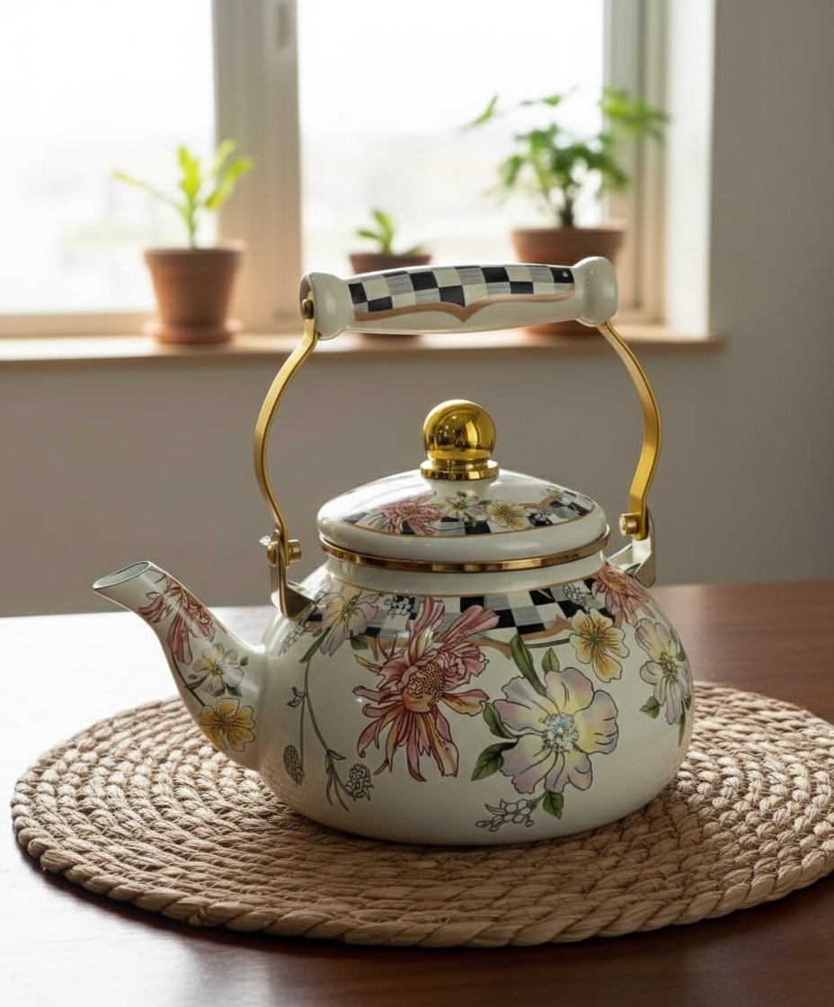 Classic enamel kettle for boiling water and preparing hot beverages.