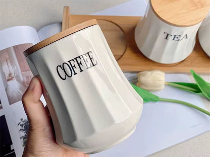 Ceramic Tea Coffee Sugar Canister Set with Bamboo Lid and Stand