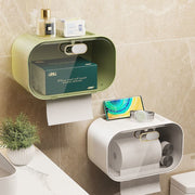White wall mounted tissue box with gold plated finish and storage tray.