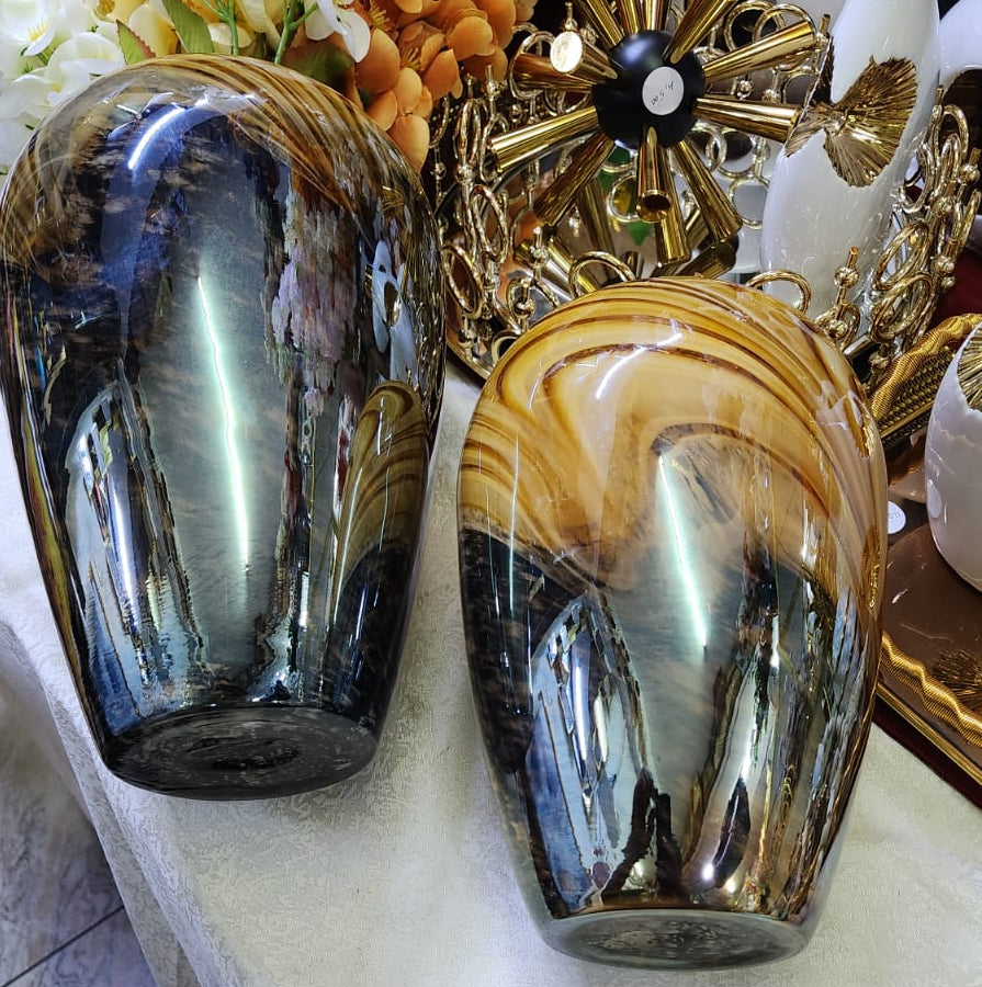 Handblown Amber Swirl Glass vase with caramel, brown, and smoke grey patterns