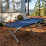 Blue foldable camping bed with sturdy frame and elevated sleeping surface