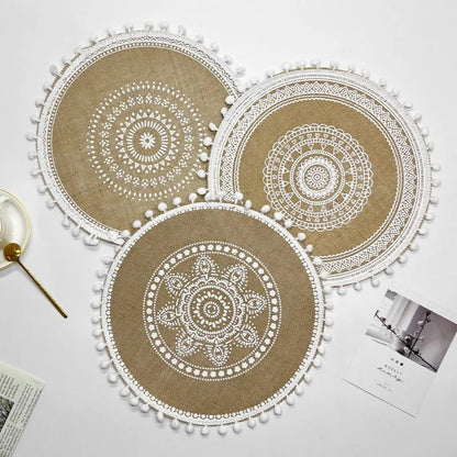 Set of 6 round boho jute placemats with tassels for dining table heat insulation and décor