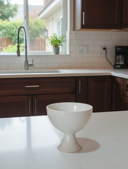White ceramic bowl with stand for serving sauces and condiments