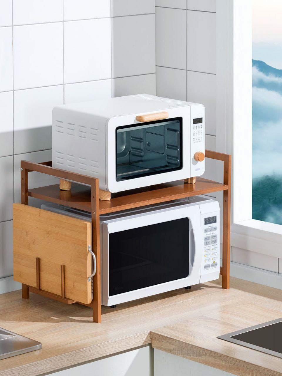 Adjustable multilayer microwave and multipurpose stand with hooks and chopping board holder for kitchen organization
