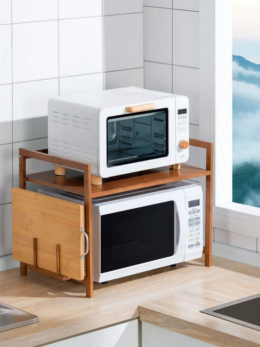 Adjustable multilayer microwave and multipurpose stand with hooks and chopping board holder for kitchen organization