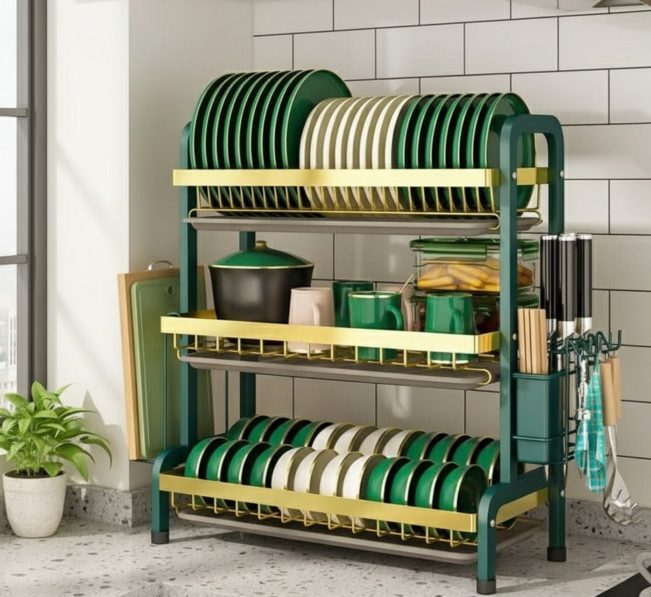 Three Layer Dish Rack Green Gold