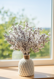 Plastic vase with artificial gypsophila flowers for home or office décor