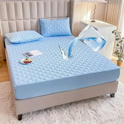 Quilted waterproof mattress protector in assorted colours and sizes.
