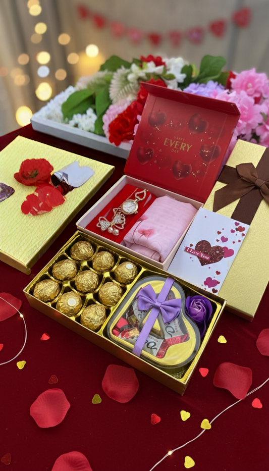 Valentine’s ladies gift set with premium chocolates, chiffon scarf, watch, bracelet, brooch, gift card, and two gift bags.